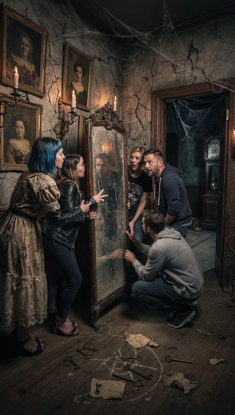 Team members collaborating in an escape room scenario.